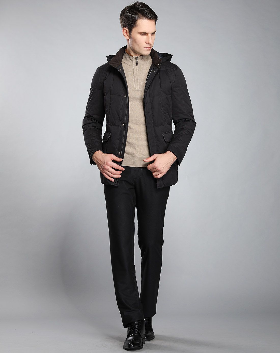 澳伦61多兰aolun duolan黑啡色连帽简约休闲长袖羽绒服81526043-191