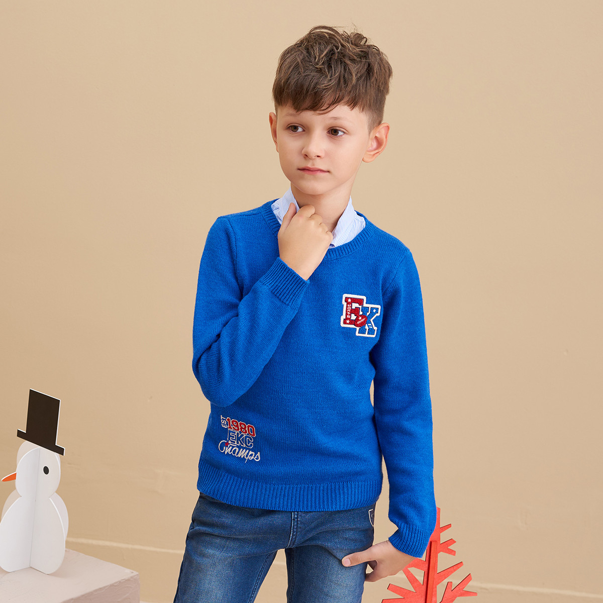 eland kids衣恋童装男童学院风假两件长袖毛衣