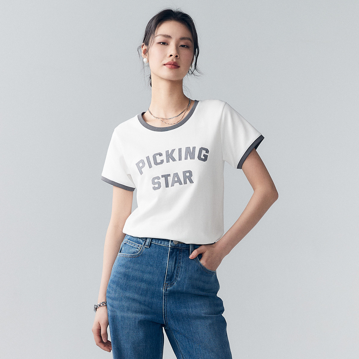 【向往星辰】美式复古短袖T恤女合体甜酷T时髦体恤撞色字母绣