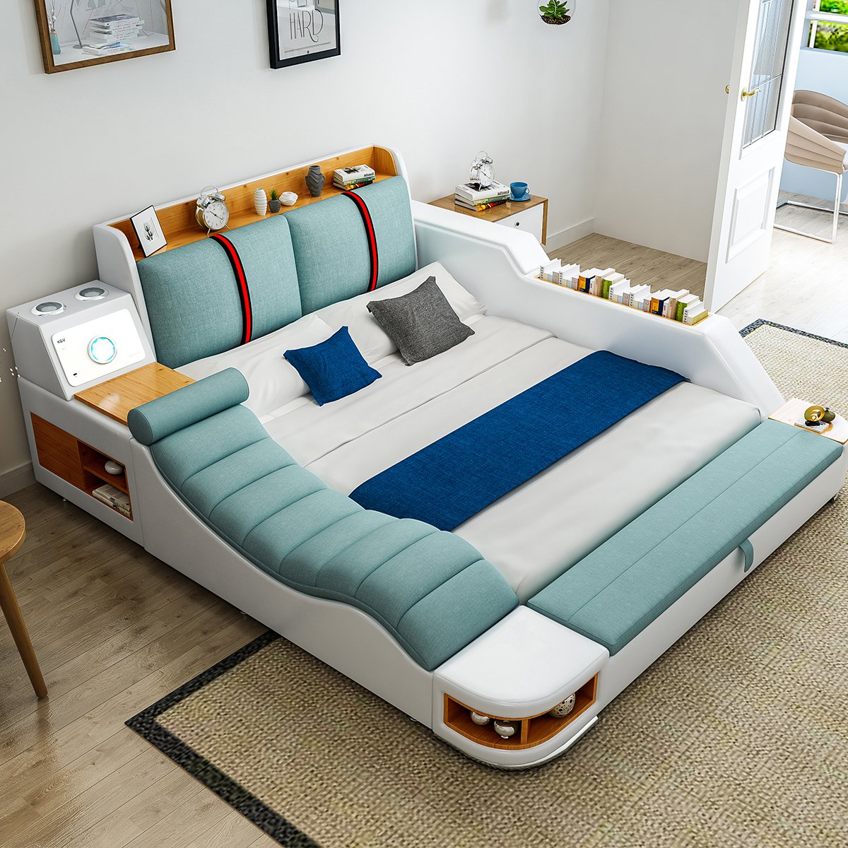 北欧宜家 卧室家具1.8米多功能榻榻米双人床皮布结合布艺床