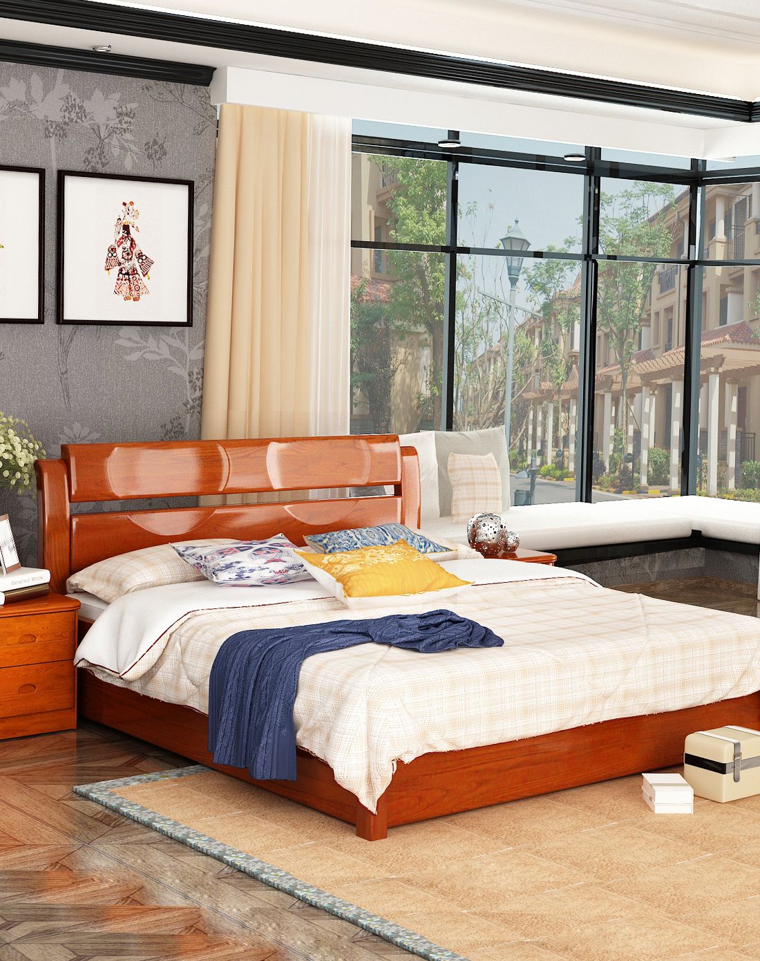 华日家居旭日系列琥珀色实木箱体床