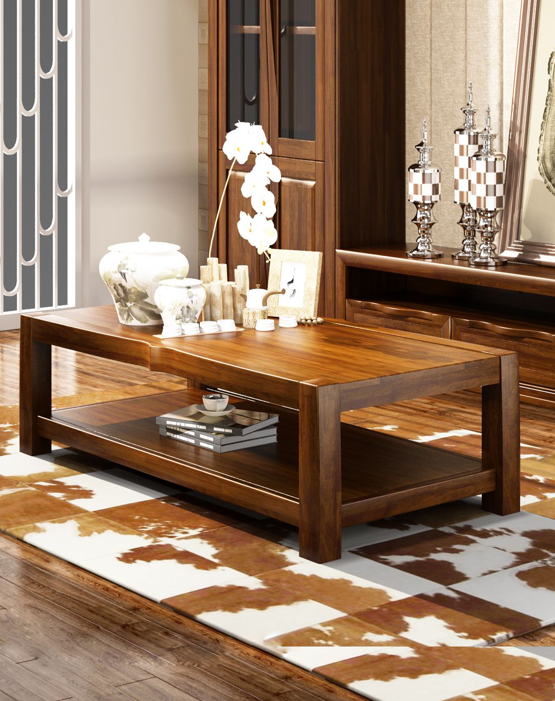 华日家具专场直发货胡桃色胡桃楸木实木双层茶几ds019301001_唯品会