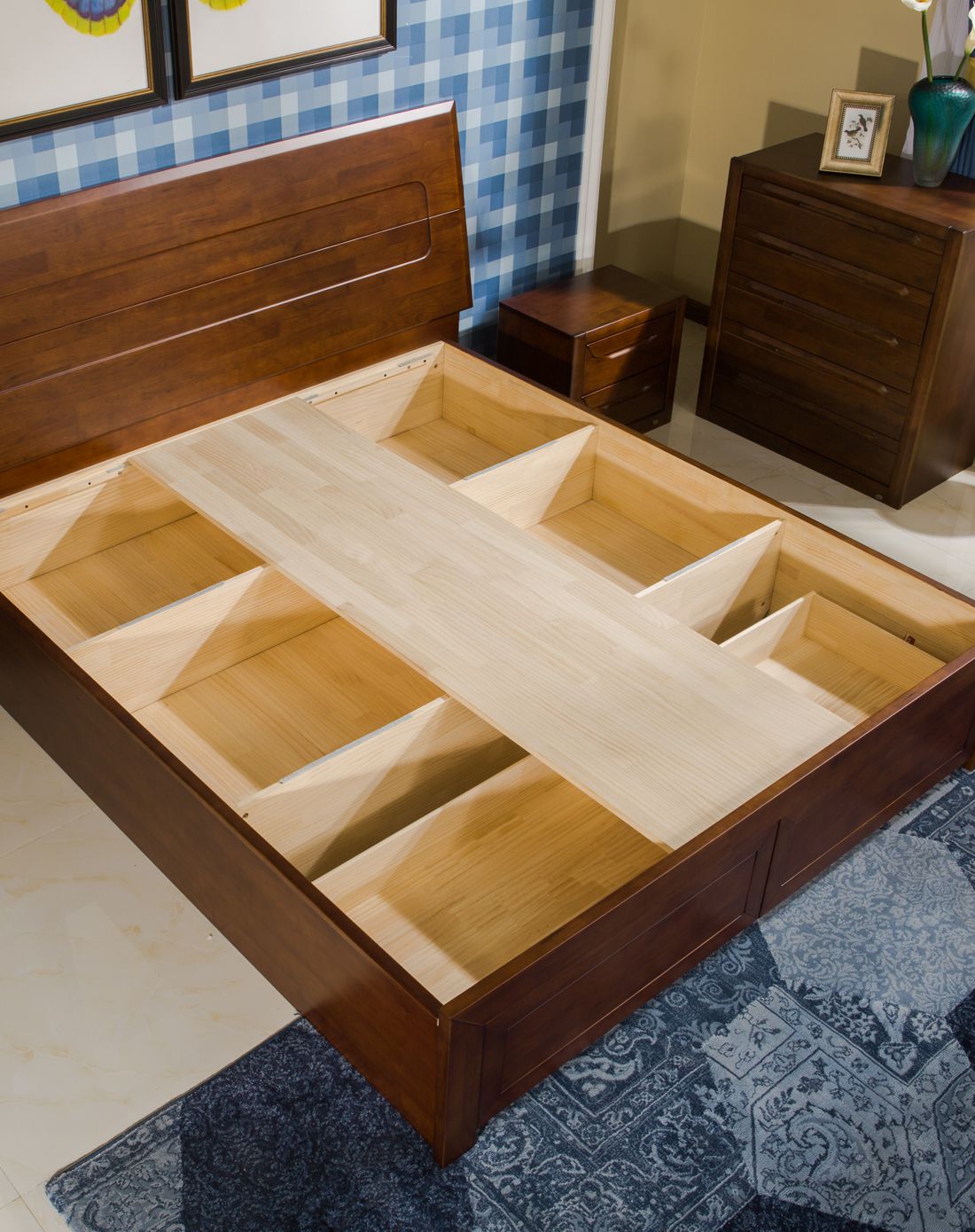 华日家居胡桃楸木实木1.8米高箱床