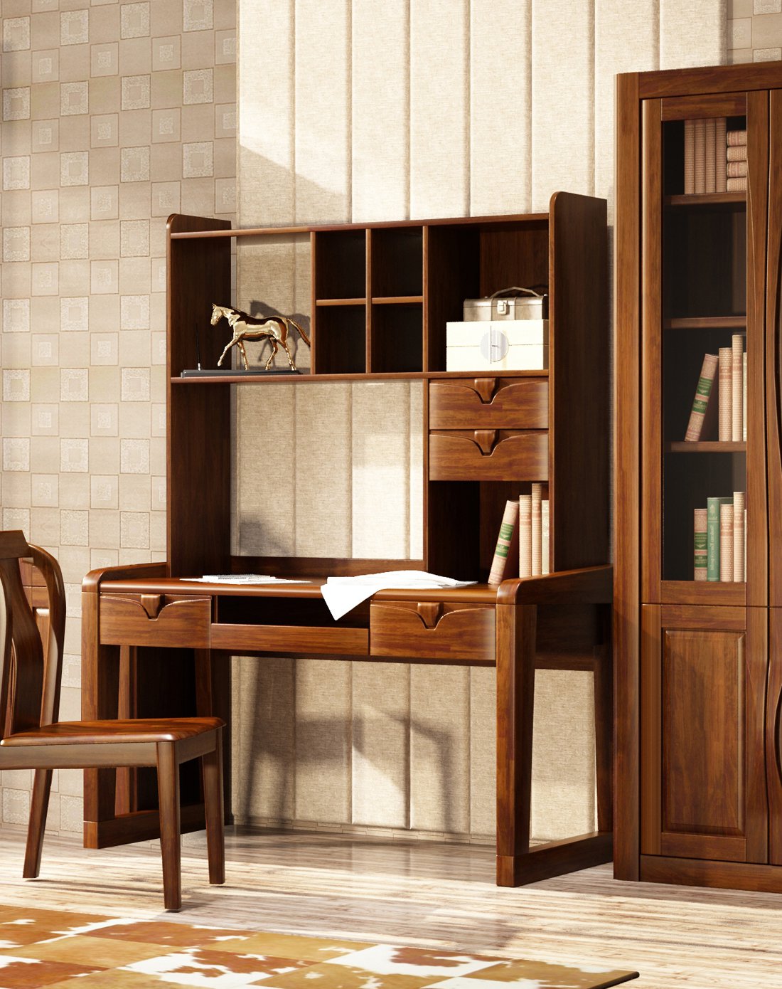 华日家居胡桃楸木实木字台 上架组合