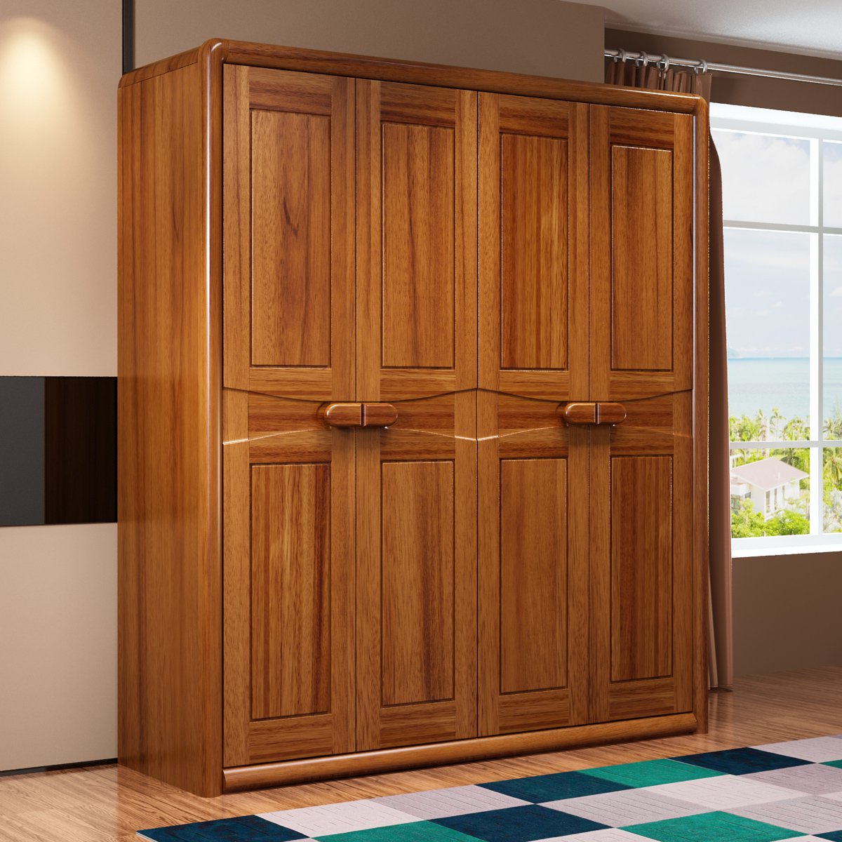 现代中式金丝檀木实木四门衣橱衣柜卧室大容量储物家具