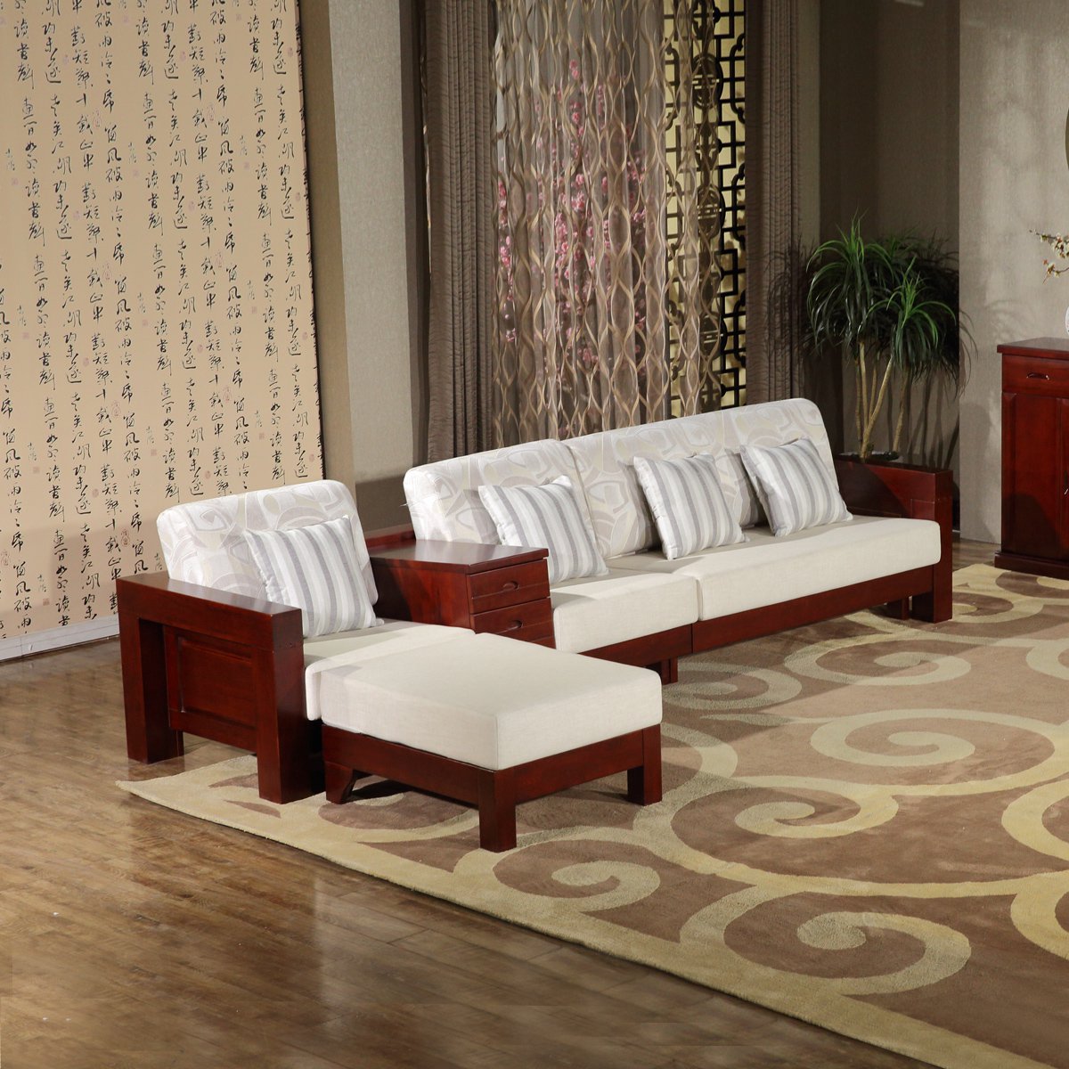 现代中式水曲柳布艺组合转角实木沙发