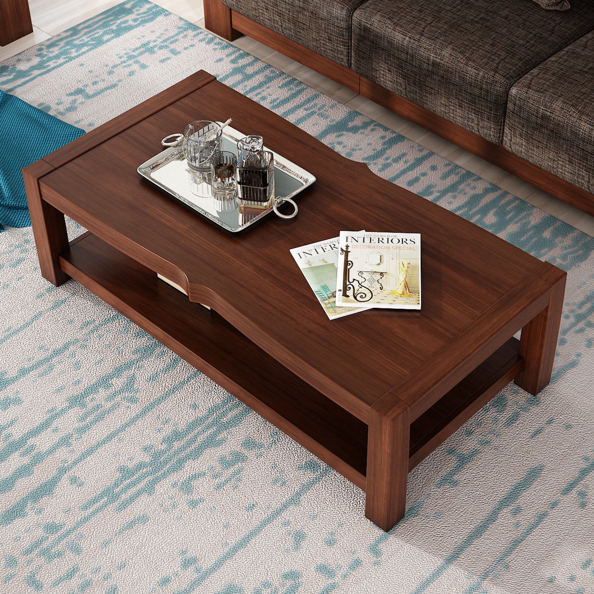 现代中式客厅胡桃楸木实木1.4米双层长茶几