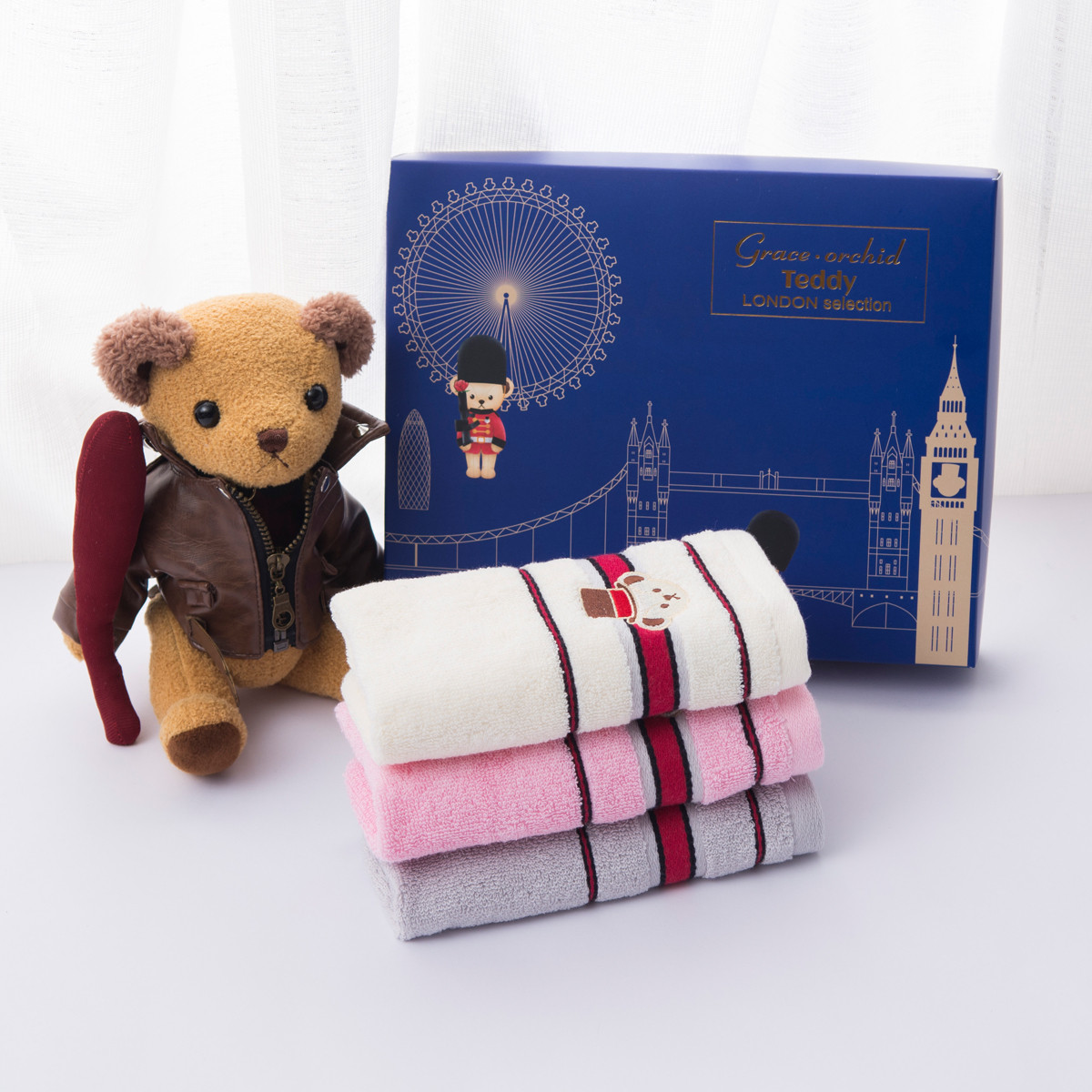 3条装洁丽雅兰泰迪熊简尚洗脸毛巾礼盒装 洁丽雅毛巾