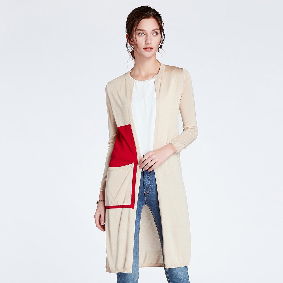 菲妮迪finity秋季时尚简约拼色开衫毛衣低领长袖针织衫外套