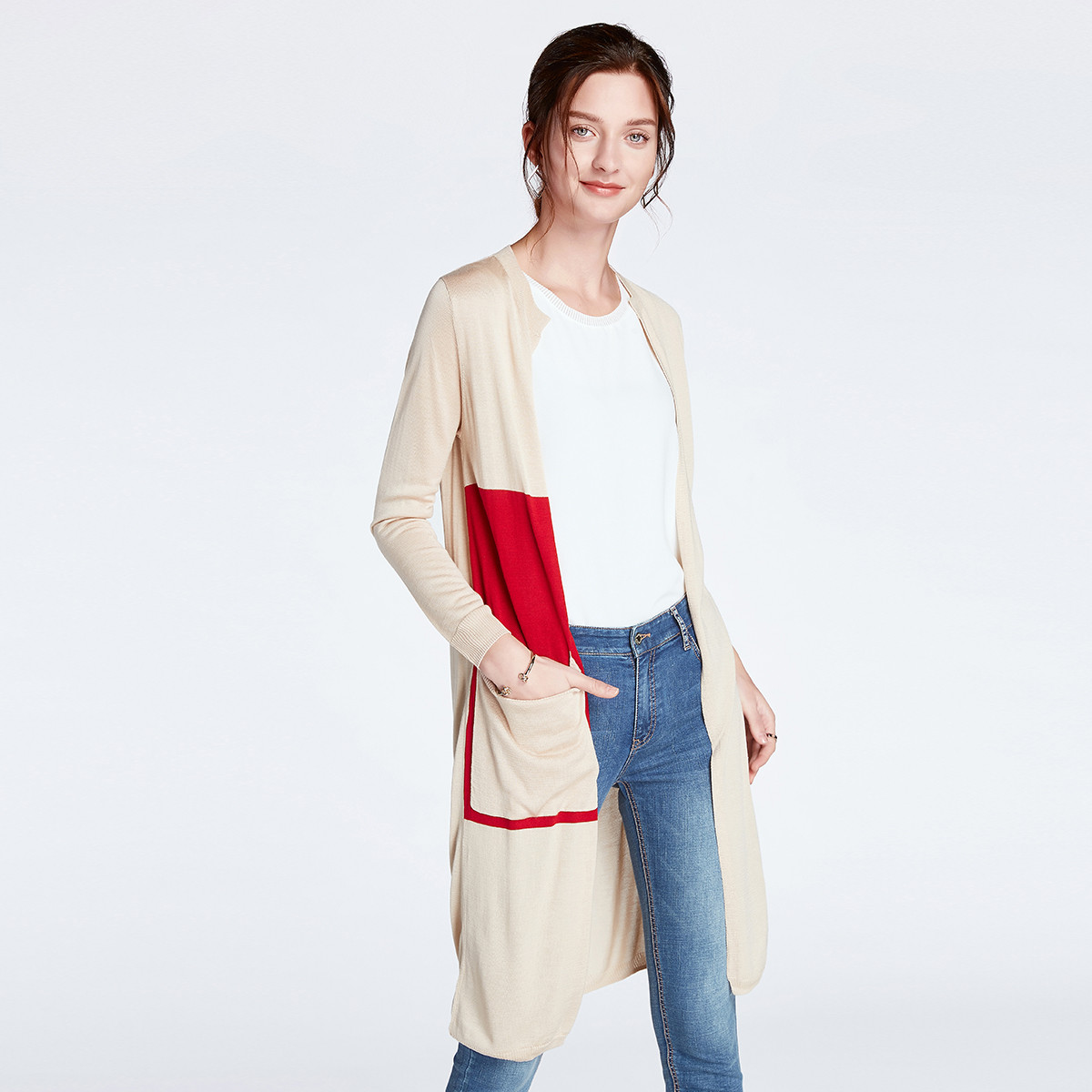 菲妮迪finity秋季时尚简约拼色开衫毛衣低领长袖针织衫外套