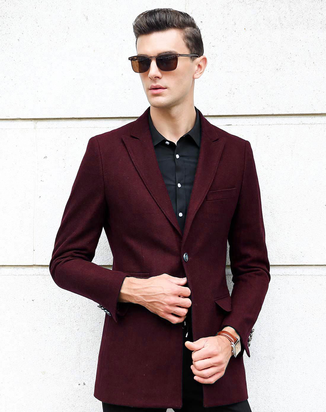 轻奢男士酒红色时尚修身小西装男外套
