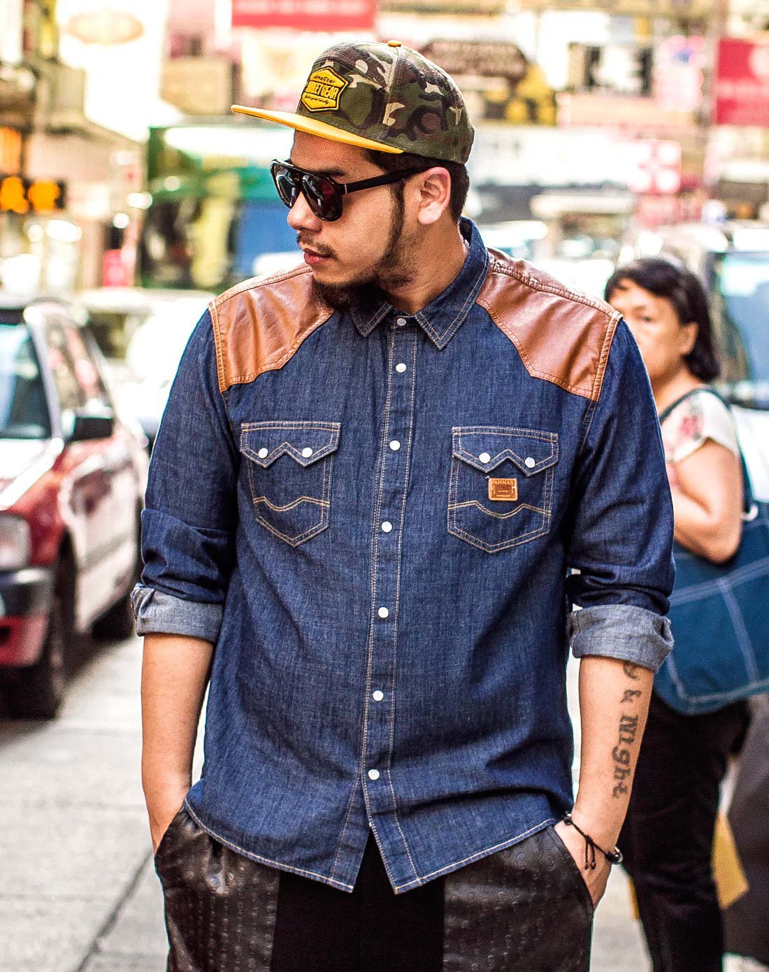 panmax男潮流拼接时尚帅气胖子牛仔衬衫paefwcl102-牛仔蓝_唯品会