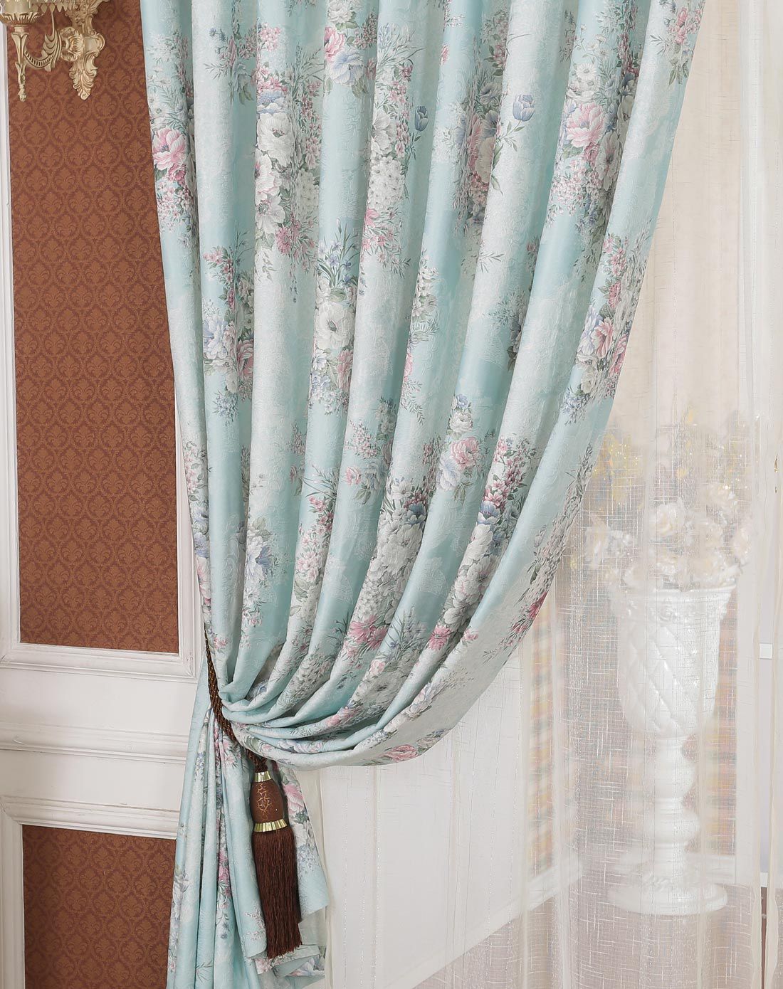 维罗妮卡提花印花窗帘蓝3*2.6m*2片挂钩