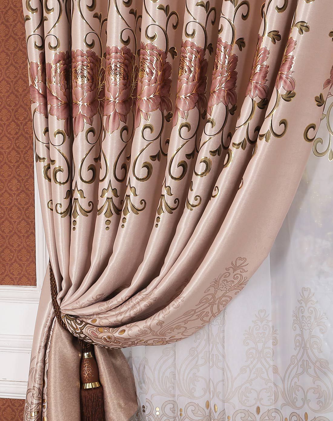 邂逅蔷薇烫金遮光窗帘咖色3*2.6m*2片挂钩