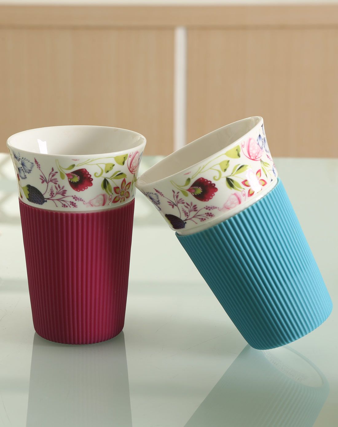 13安士胶套陶瓷口杯精致花苑(红篮)