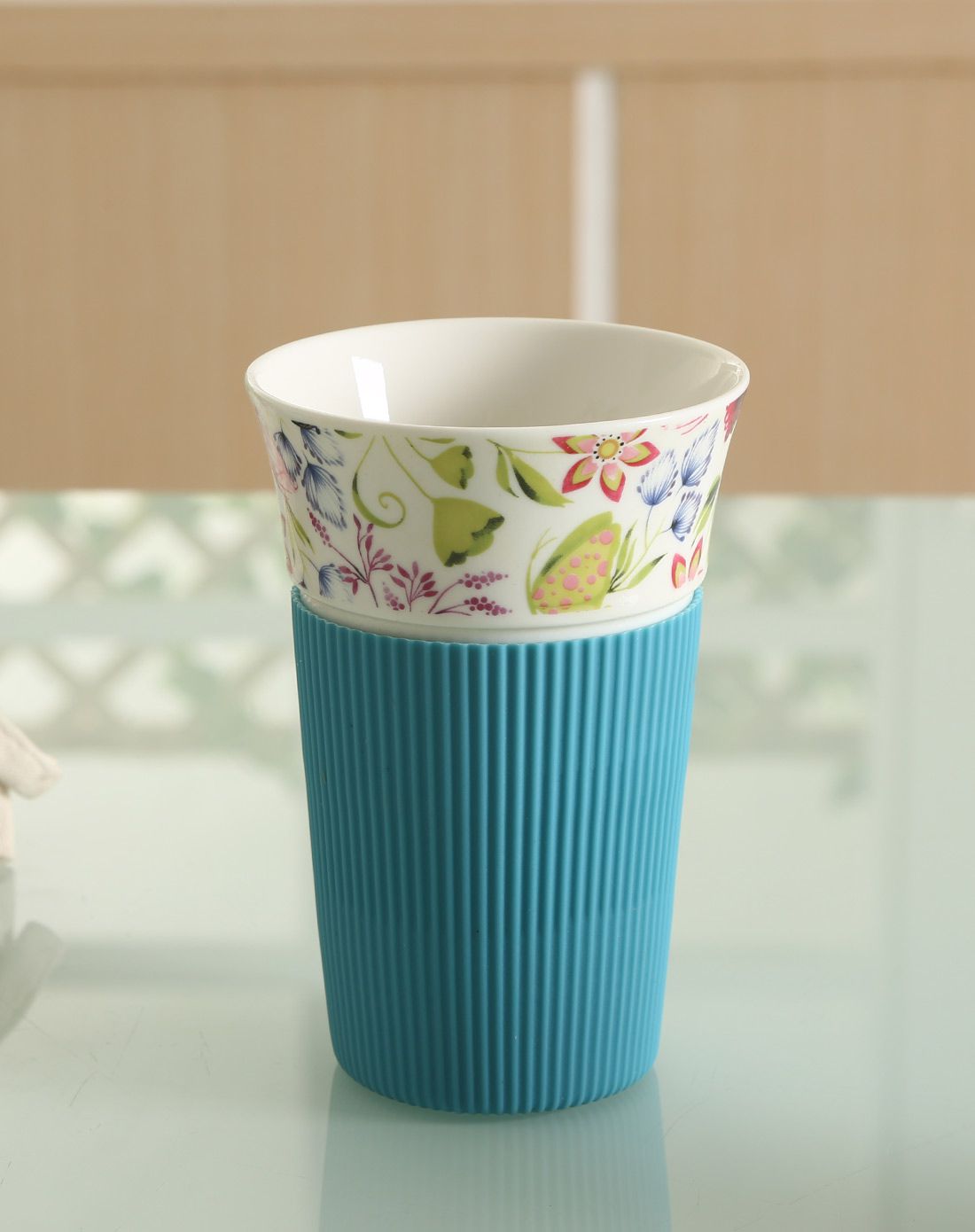 13安士胶套陶瓷口杯精致花苑(红篮)