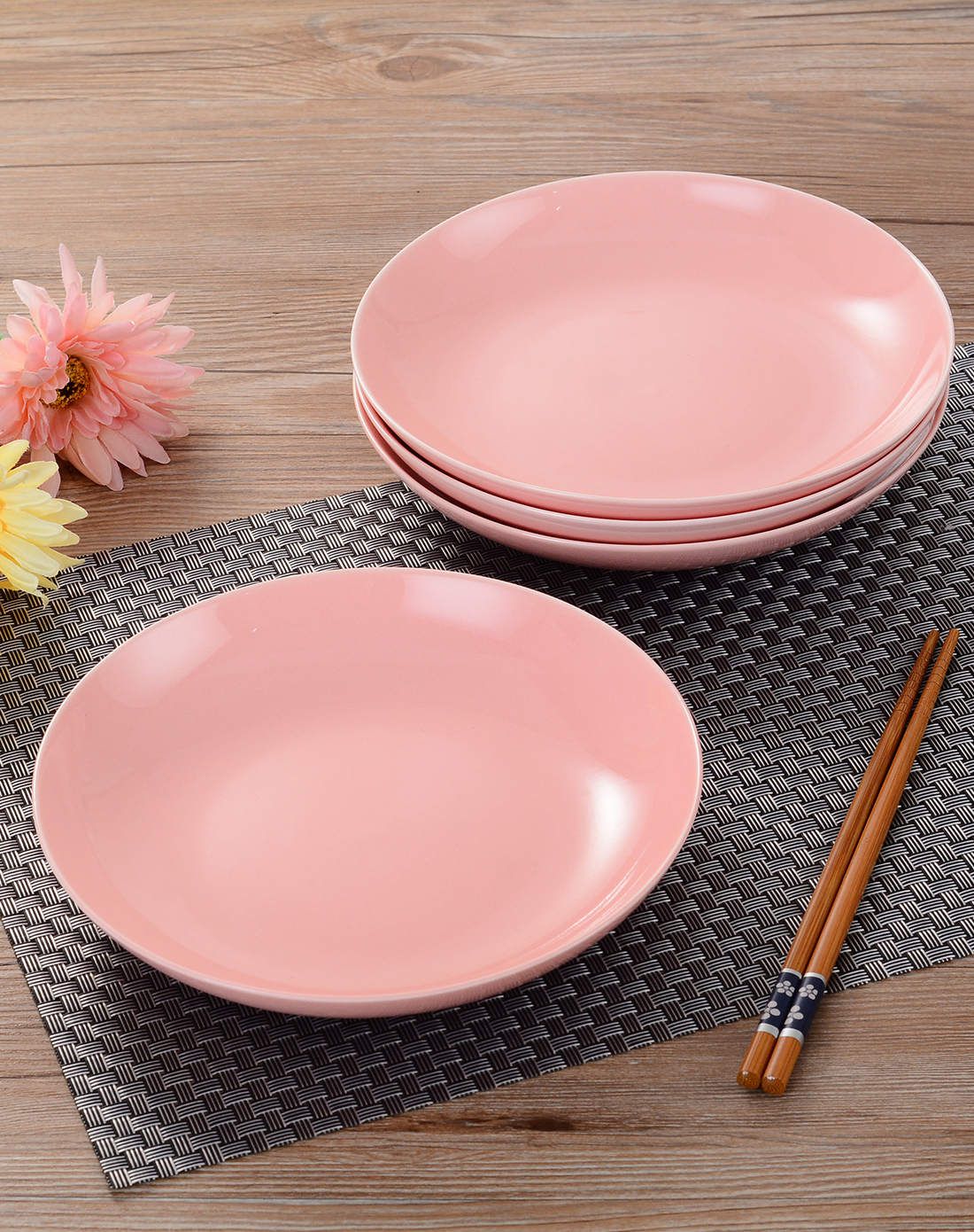日式陶瓷纯色素雅盘子四个装 粉色
