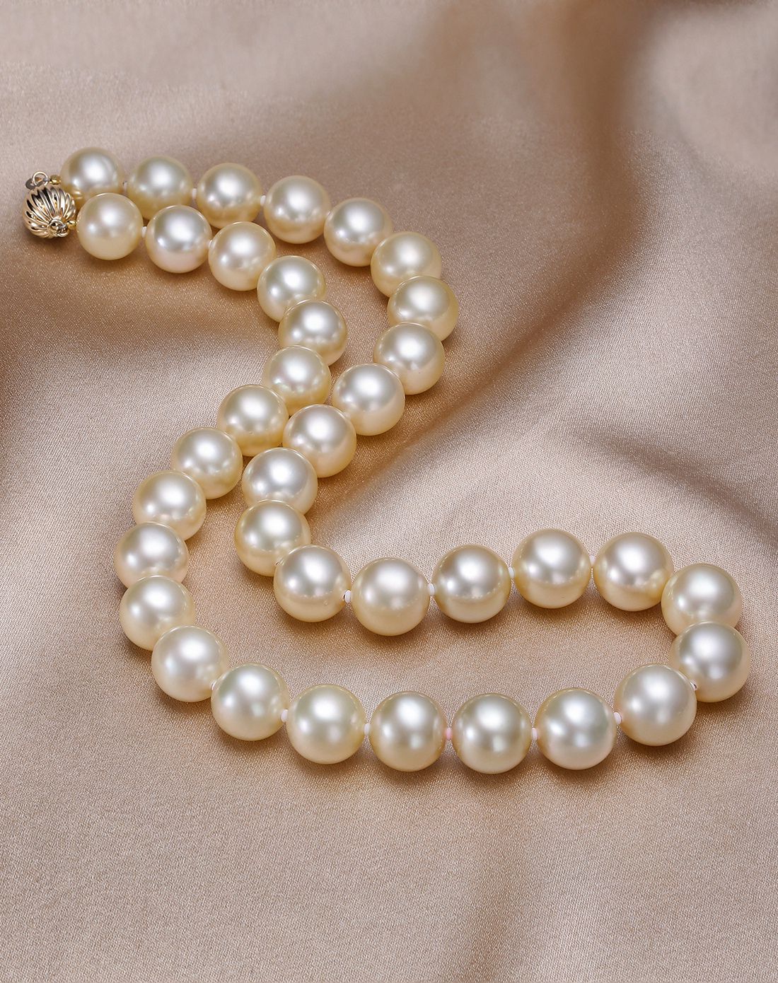 蓝色海洋 10-12mm正圆强光南洋珍珠14k金扣项链