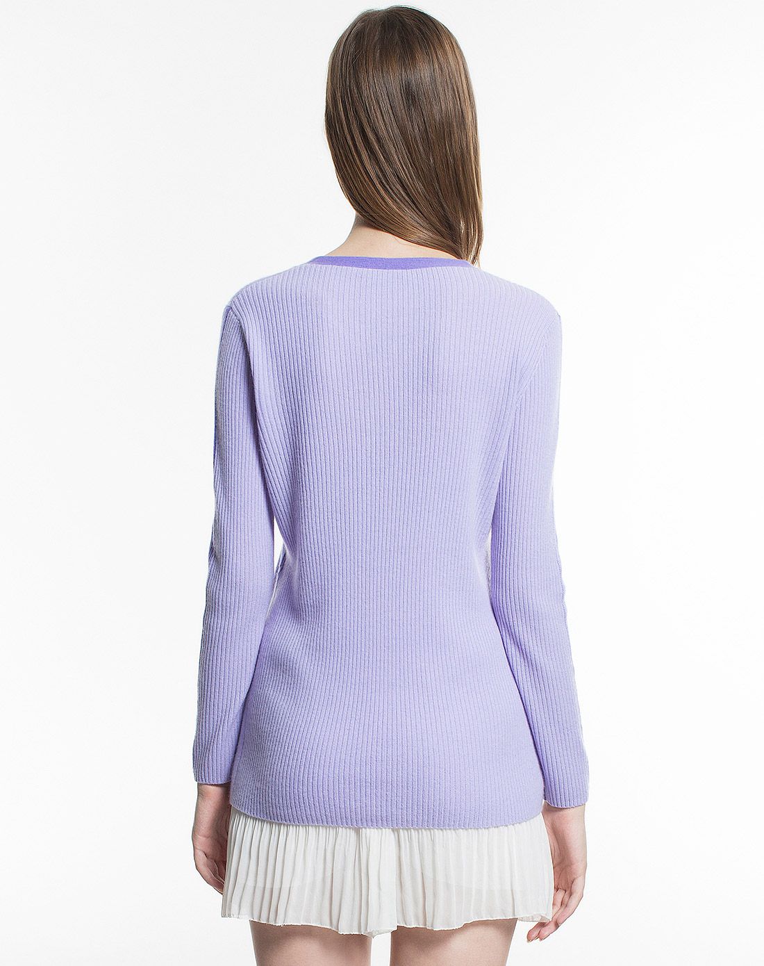 女士浅紫罗兰撞色v领纯羊绒套衫