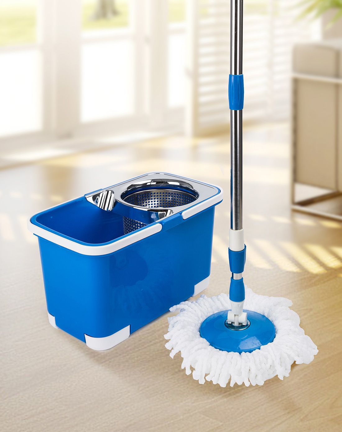 手压双驱动旋转自动拖把-方桶(镀铬)蓝