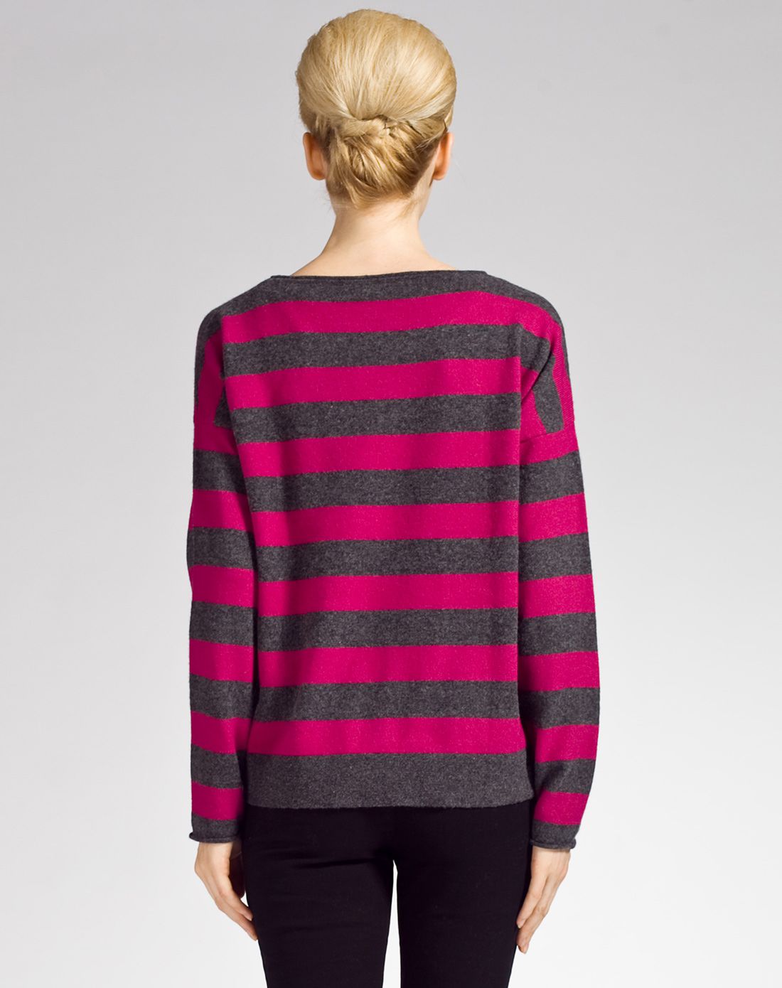 女款灰/玫红色经典条纹长袖羊毛衫
