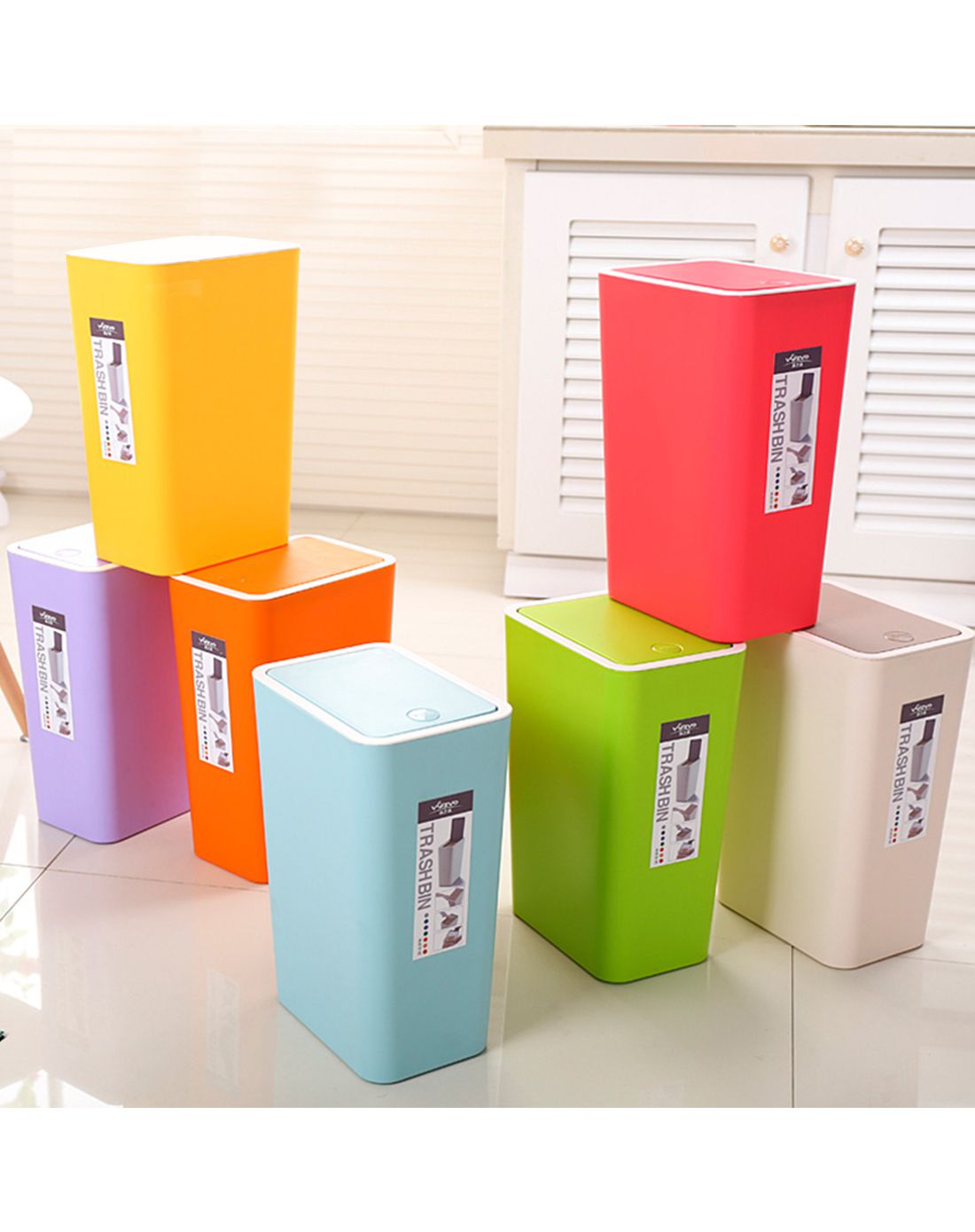 韩式方形带盖pp弹盖塑料家用垃圾桶