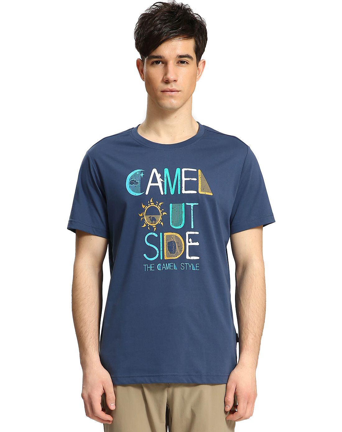 骆驼camel户外潮流跑步专场舒适耐磨 男款铁蓝灰休闲跑步圆领t恤a6s