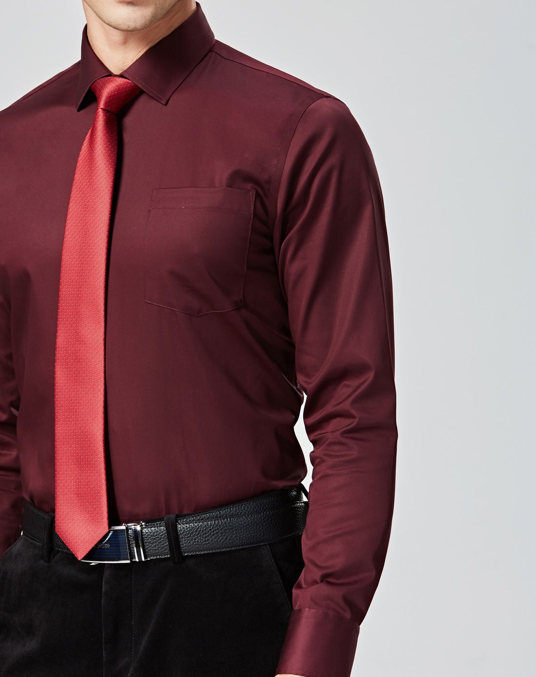 2016新款枣红色纯棉光泽面料长袖衬衫