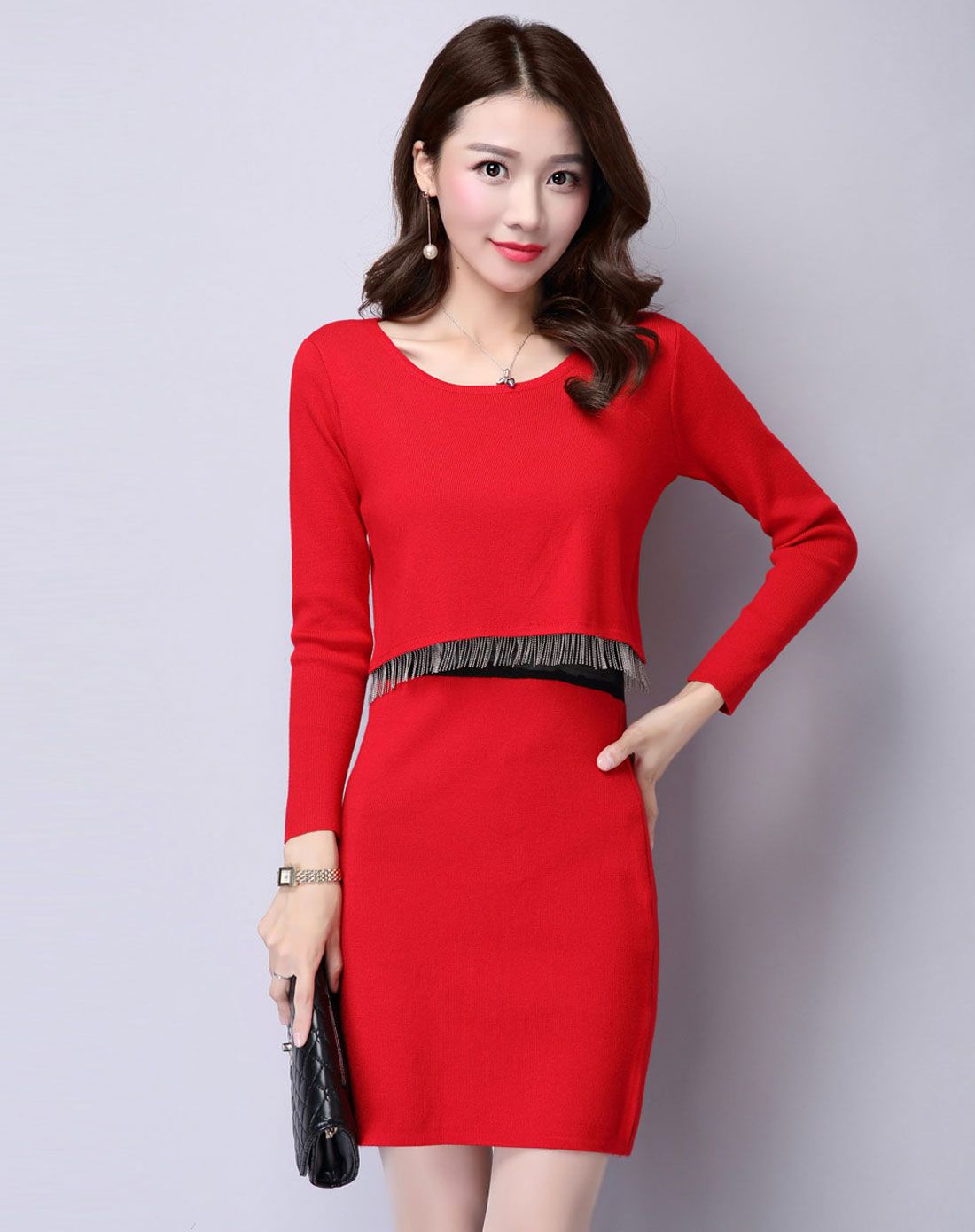 女红色修身包臀裙流苏假两件针织连衣裙