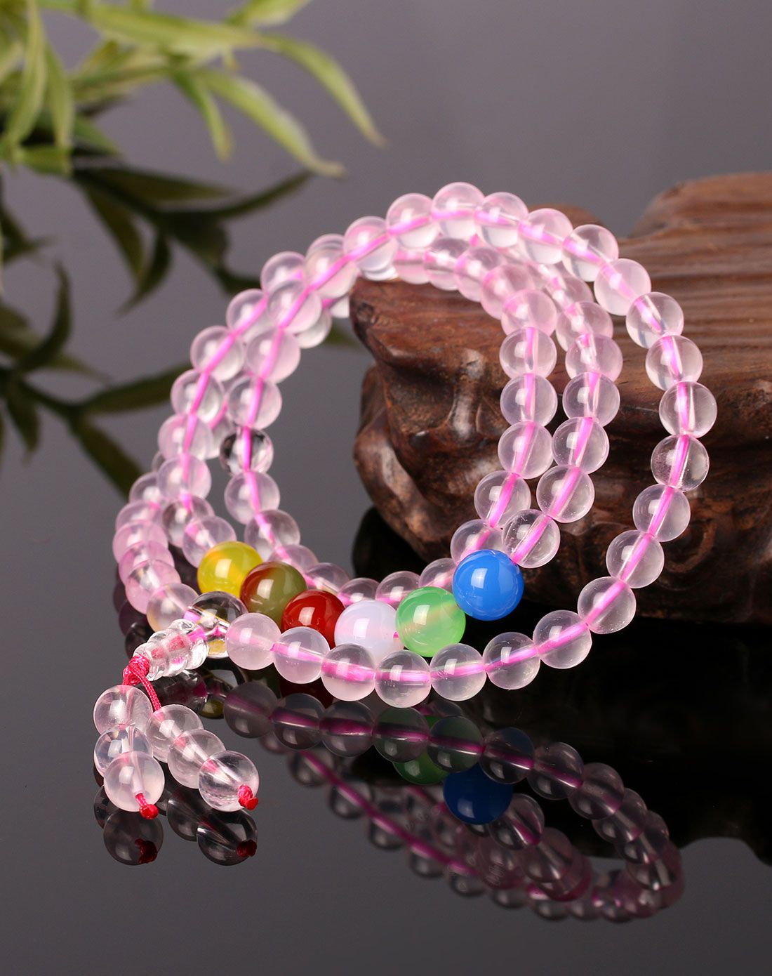 一生一石 芙蓉诗令天然粉水晶玛瑙佛珠三圈手链