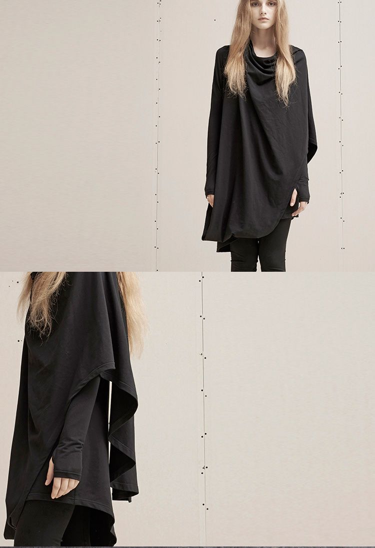 黑色冷峻披挂式假两件连衣裙