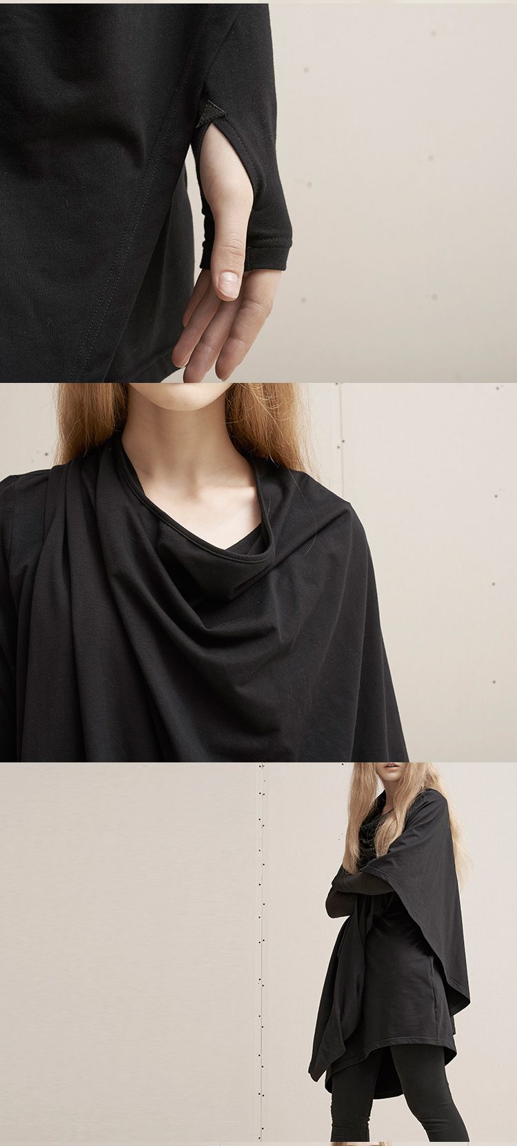 黑色冷峻披挂式假两件连衣裙