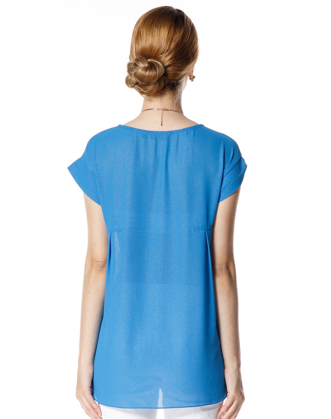 蓝色复古印花雪纺蝙蝠袖上衣