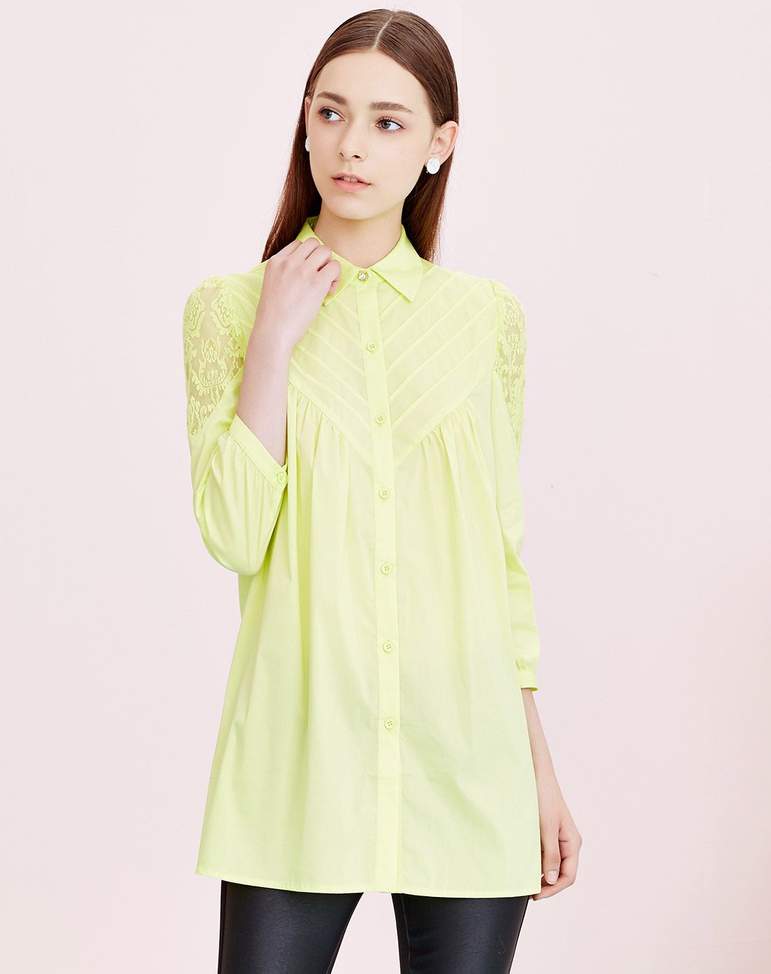 海贝ihappy女装移动端专场荧石绿优雅蕾丝拼接a字版衬衫e5r07b167222