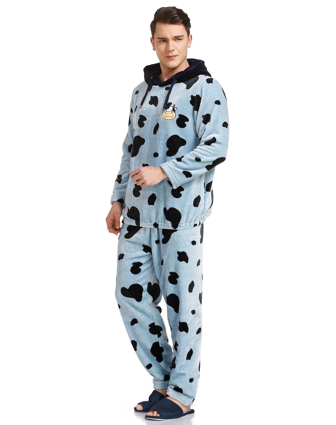 男款奶牛天兰连帽长袖珊瑚绒套装