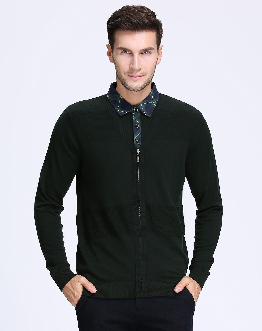 男款黑色衬衫领假两件长袖羊毛套衫