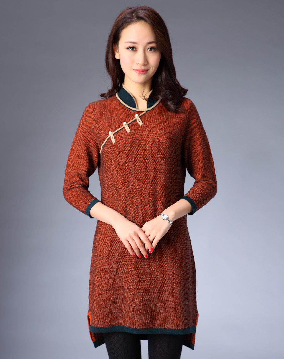 女款大红色古典甜美长袖针织旗袍连衣裙