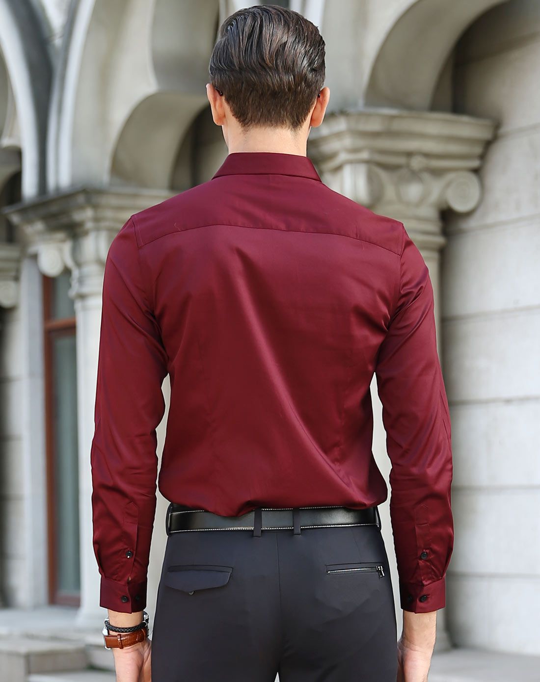轻奢酒红色男士长袖衬衫