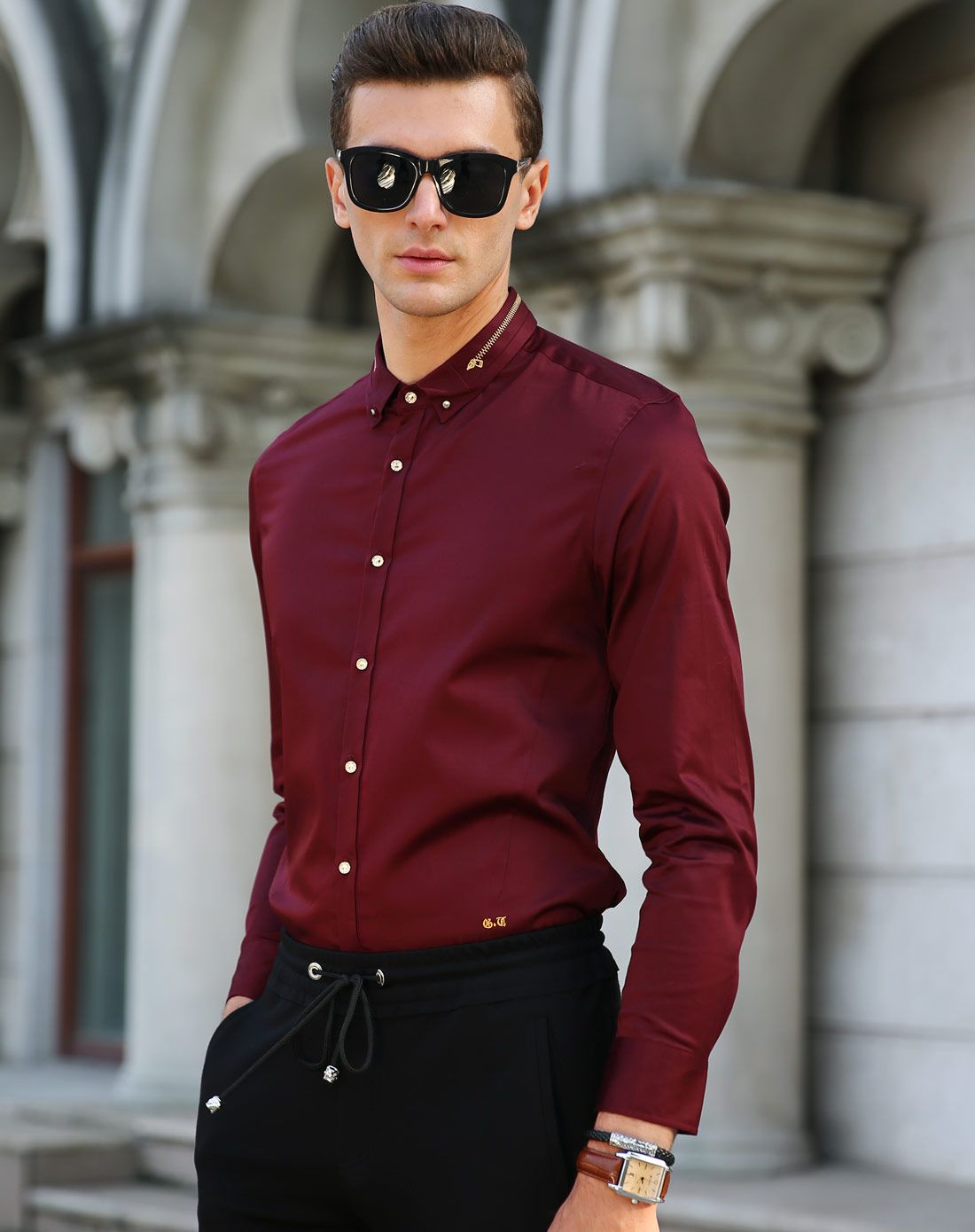 轻奢男士酒红色雅痞休闲修身衬衫