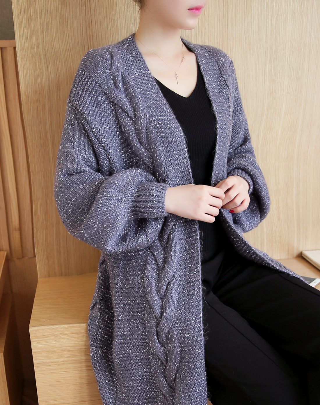 韩版长款点点纱麻花开衫外套针织衫