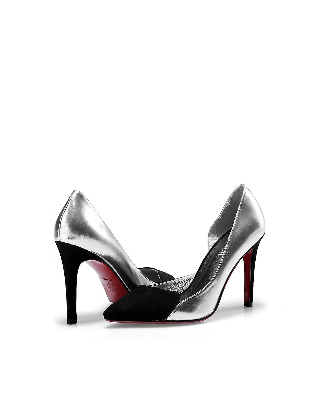 银色镜面皮黑羊京细高跟尖头鞋