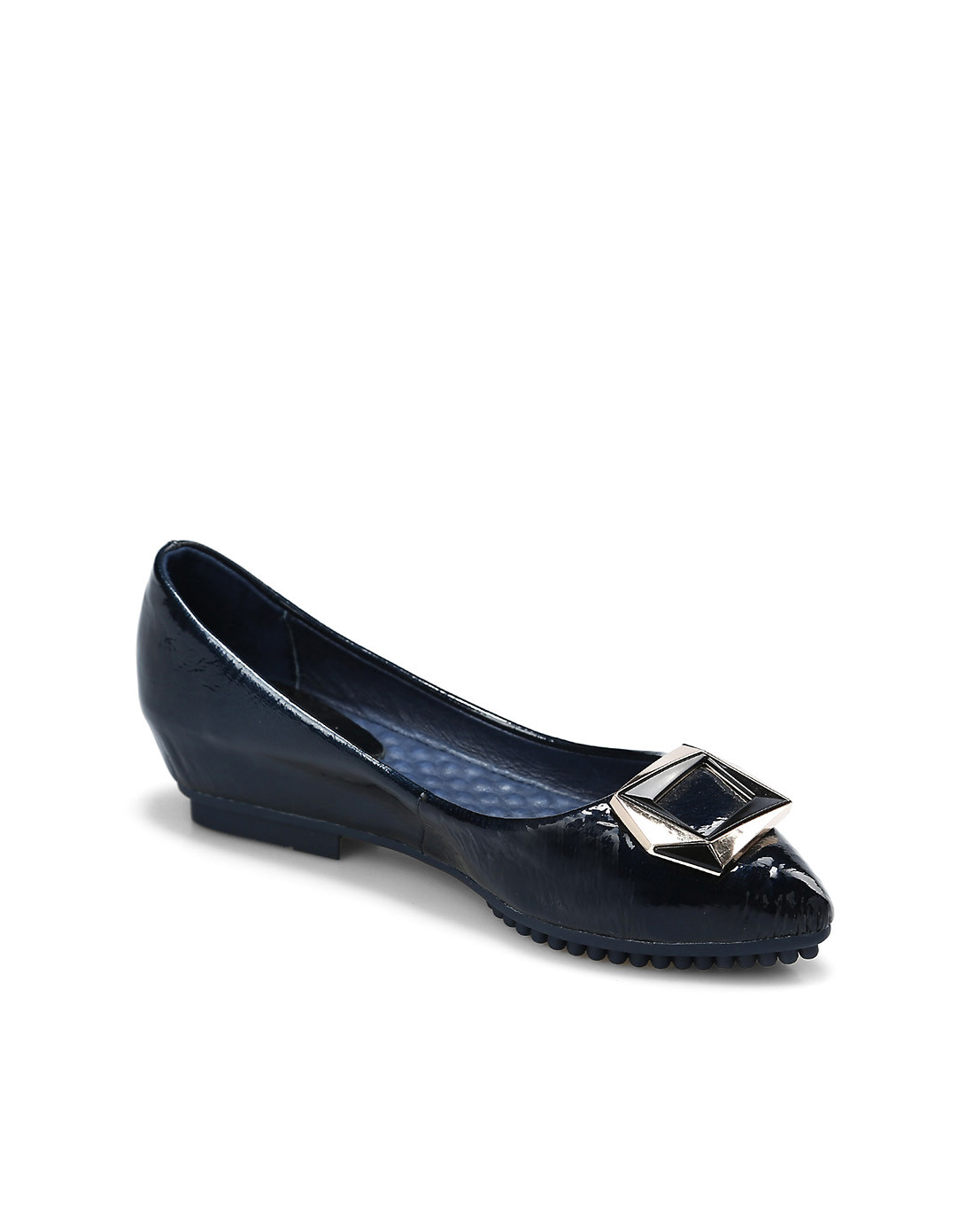 深蓝漆皮尖头平跟时尚单鞋