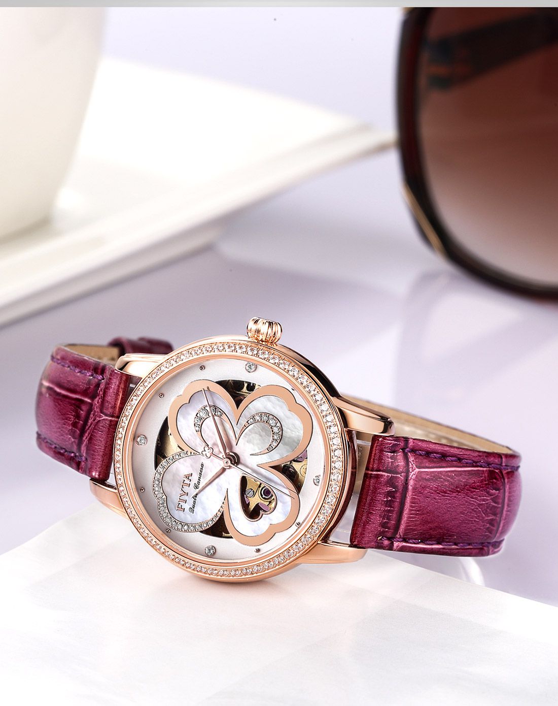 飞亚达fiyta手表专场 fiyta 【四叶草镂空表盘】优雅紫皮带机械女表