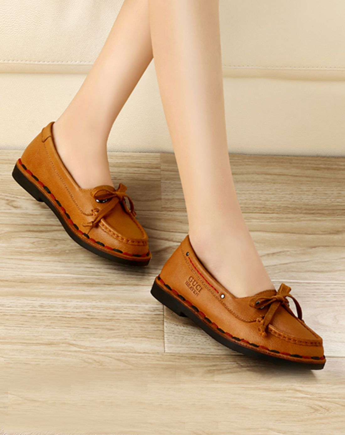 真皮大底缝马克线平底女鞋