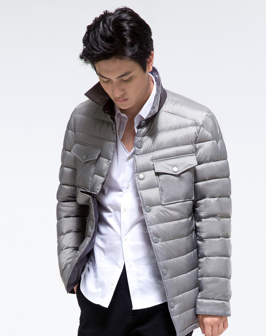 男款橘红色商务衬衣款轻薄羽绒服