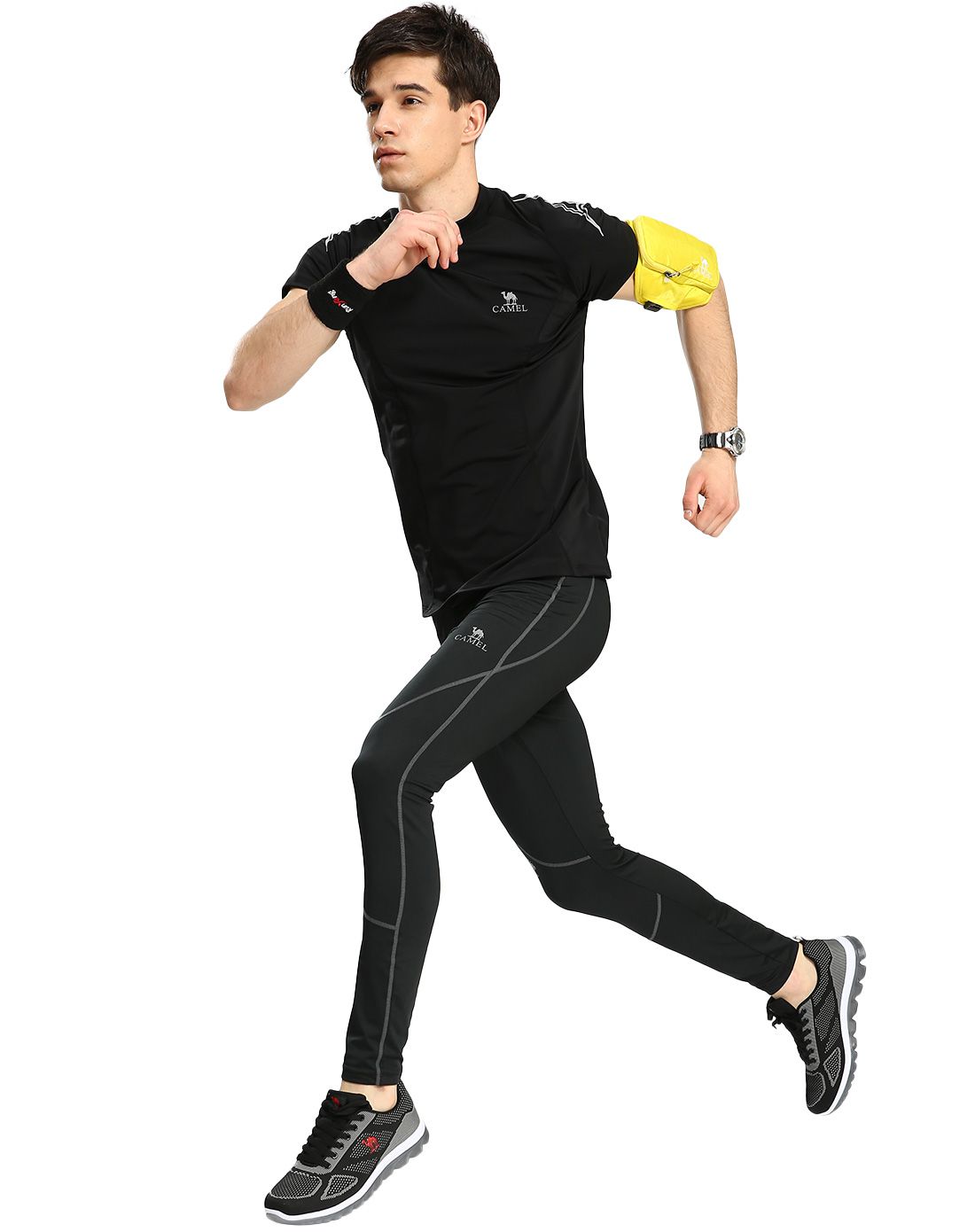 骆驼camel户外运动跑步系列专场运动透气 男款黑色速干跑步裤a6s1042