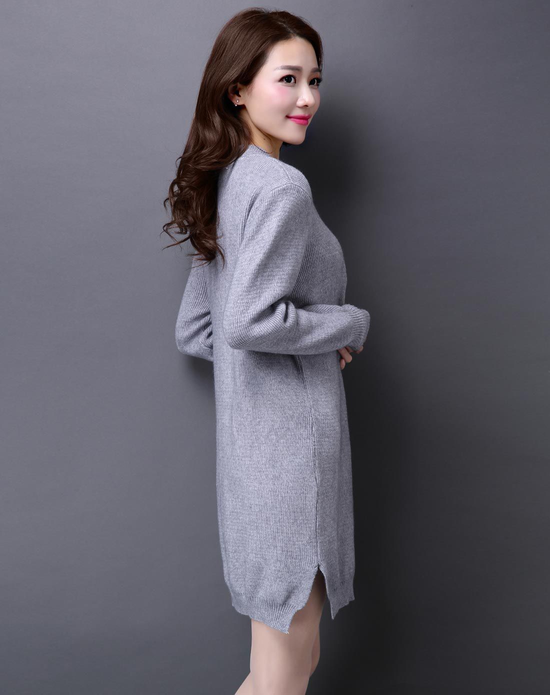 女灰色气质纯色修身针织连衣裙
