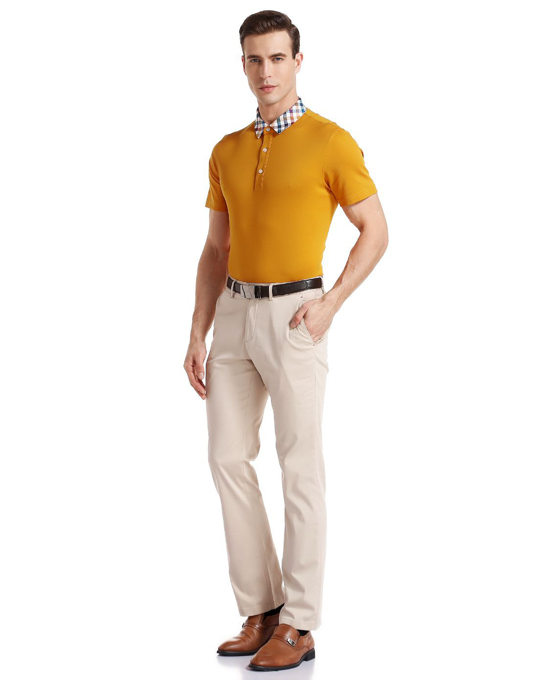 纯棉格纹翻领短袖t恤