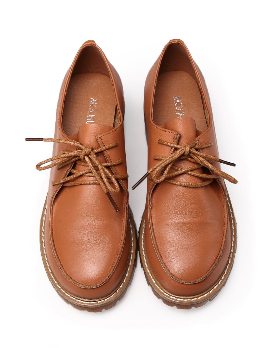 土黄色牛皮鞋面绑带素面中跟深口单鞋