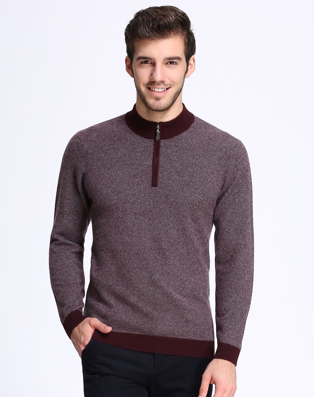 男款浅红咖经典半拉链羊毛衫